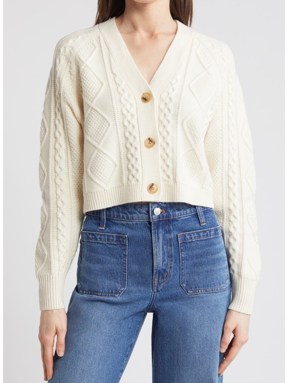 Madewell Cable Knit V-Neck Crop Cardigan Size Medium Pre Owned